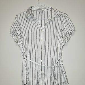 Short-Sleeve silk dress top with belted bow detail.
